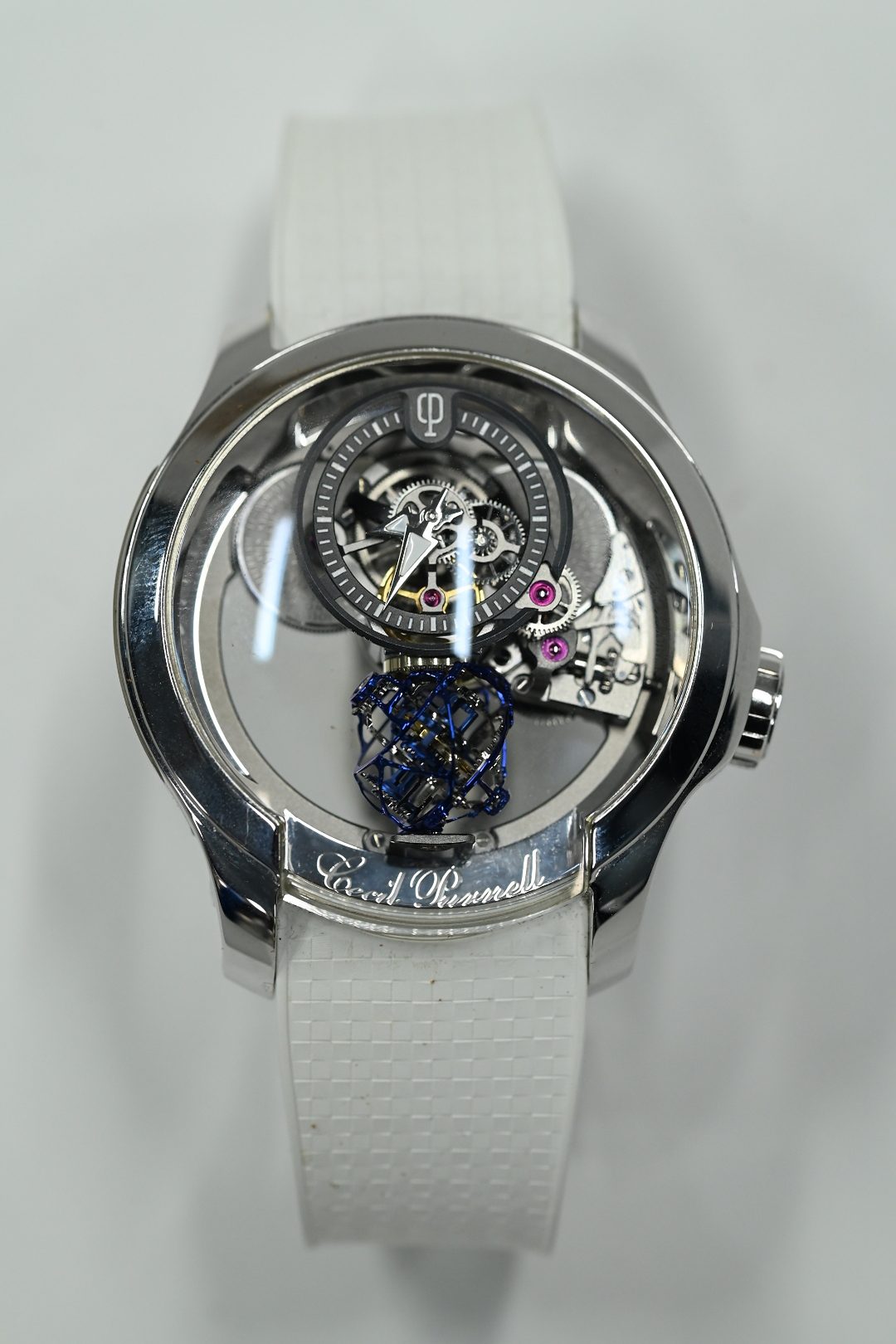 Tourbillon movement suspended in an open sapphire field